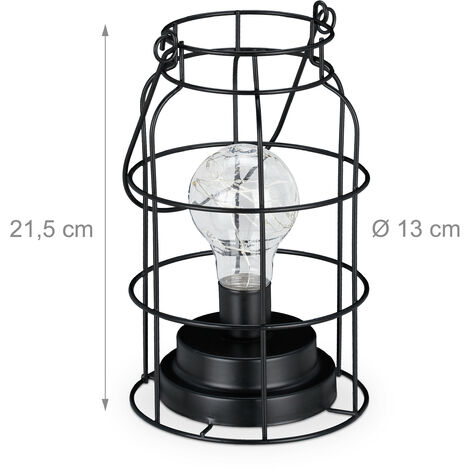 Relaxdays Tischlampe Vintage, Gitterlampe mit LED Glühbirne, warmweiß, Batterie, Drahtlampe Industrie Design, schwarz