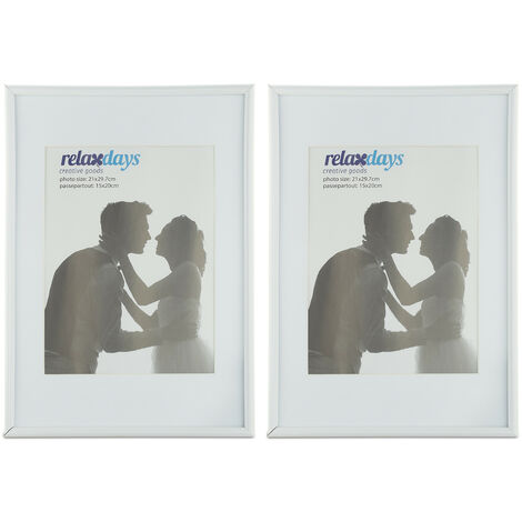 Relaxdays Bilderrahmen 2er Set, 20x30 cm, Passepartout 15x20 cm, Glasscheibe, Fotorahmen zum Stellen & Hinhängen, weiß