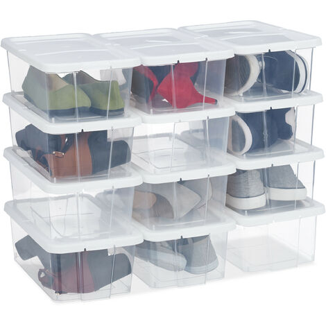 12 x Schuhbox Kunststoff, stapelbar, durchsichtige Aufbewahrungsboxen mit  Deckel, HxBxT: 12,5 x20 x 34,5