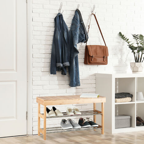 Relaxdays Schuhregal mit Sitzflche, Bambus Schuhschrank f. 6 Paar Schuhe,  Sitzbank m. Stauraum HBT: 43x74x30 cm, natur
