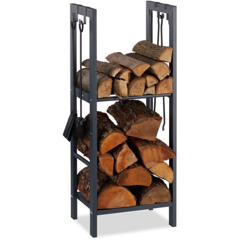 Relaxdays Kaminholzregal mit 2 Ablagen, aus Stahl, 4 Haken für Kaminbesteck, Brennholzregal HBT 100x40x30 cm, anthrazit