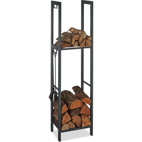 Relaxdays Kaminholzregal mit 2 Ablagen, aus Stahl, 4 Haken für Kaminbesteck, Brennholzregal HBT 150x40x30 cm, anthrazit