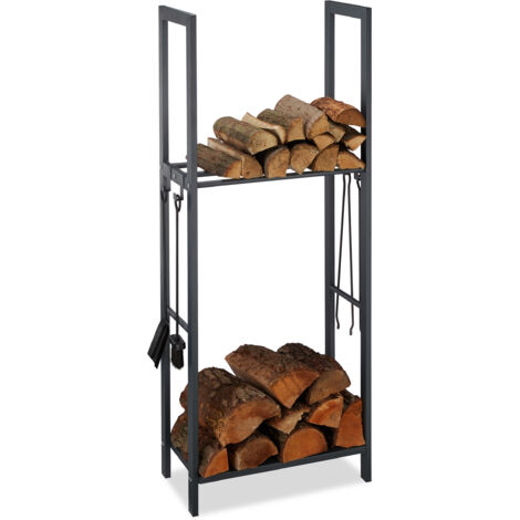 Relaxdays Kaminholzregal mit 2 Ablagen, aus Stahl, 4 Haken für Kaminbesteck, Brennholzregal HBT 150x60x30 cm, anthrazit