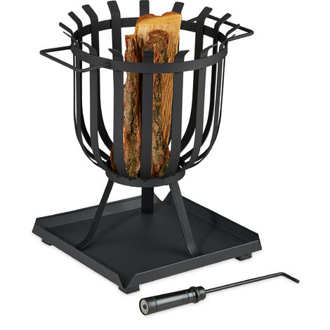 Relaxdays XL Feuerkorb mit Bodenplatte & Schürhaken, HBT: 46 x 41,5 x 36  cm, Feuerschale Stahl, Brennkorb rund, schwarz