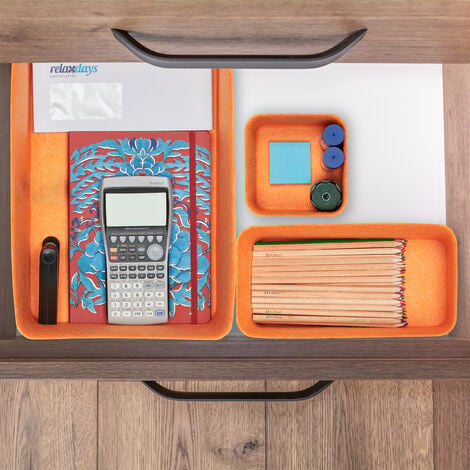 Relaxdays Schubladen Organizer Filz, 5-teiliges Ordnungssystem für  Schreibtisch, 3 Größen, Filzkörbchen, grau/orange