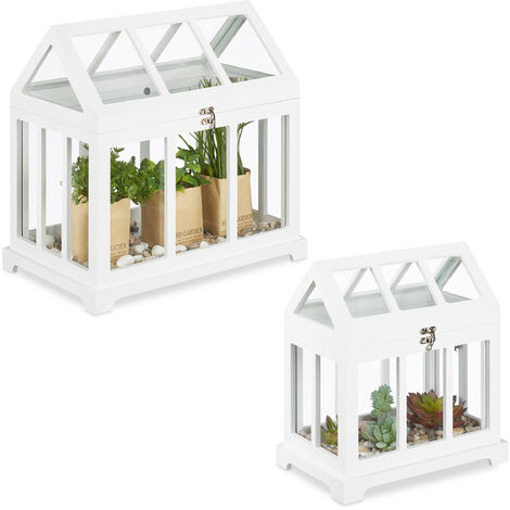 Relaxdays Mini Gewächhaus, 2er Set, für die Fensterbank, Indoor Treibhaus,  Glas und MDF, Kräuter, Blumen, 2 Größen, weiß