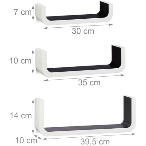 Relaxdays Wandregal 3er Set, dekorative U-form Wandboards, kleine Regalbretter 10 cm tief, bis 40 cm breit, weiß-schwarz