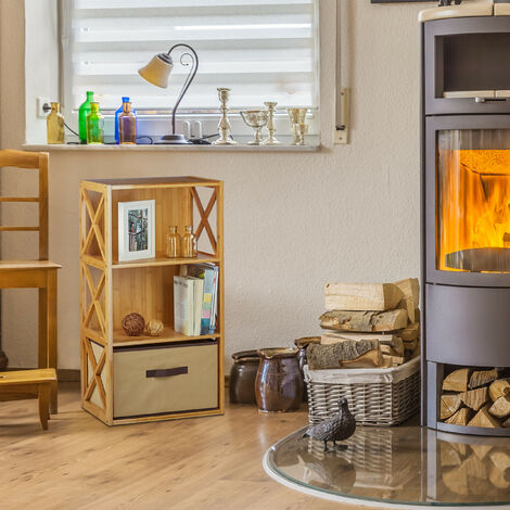 Relaxdays Regal Bambus mit Korb, 3 Ablagen, Holz Standregal, Badregal,  Faltbox, HxBxT: 80 x 42 x 29 cm, natur braun