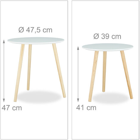 Relaxdays Beistelltisch 2er Set skandinavisch, 70er Design, Nachttische, Satztische, Durchmesser 39 und 47,5 cm, weiß