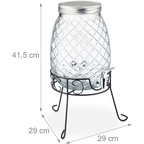 Retro Optik transparent 10037680 Glas Wasserspender mit 4 Gläsern 2,8 l Relaxdays Getränkespender Set mit Zapfhahn & Ständer 