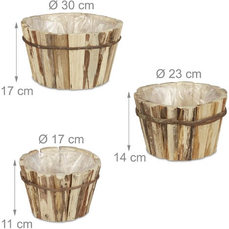 Relaxdays Holz Blumentopf im 3er Set, für außen & innen, mit Folie, 3