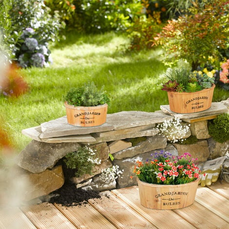 Relaxdays Blumenkasten 3er Set, Garten & Fensterbank, Pflanzgefäße  Landhausstil, 3 Größen, mit Folie ausgekleidet, natur