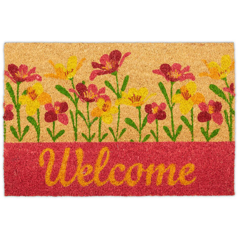 Relaxdays Fußmatte Kokos, Welcome Schriftzug & Blumen-Motiv