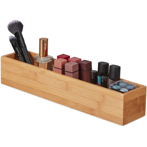 2 x Bambus Box, Aufbewahrung Bad, Küche & Schreibtisch, länglich & schmal, Ordnungsbox, HxBxT: 7 x 38 x 8 cm, natur