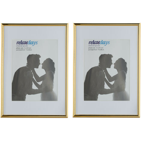 Relaxdays Bilderrahmen 2er Set, 20x30 cm, Passepartout 15x20 cm, Glasscheibe, Fotorahmen zum Stellen & Hinhängen, gold
