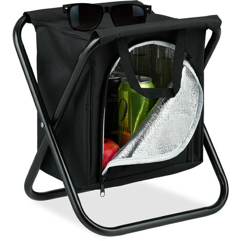 Relaxdays Campinghocker mit Kühltasche, faltbar & tragbar, 100kg,  Klapphocker f. unterwegs, HBT 34 x 32 x 26 cm, schwarz