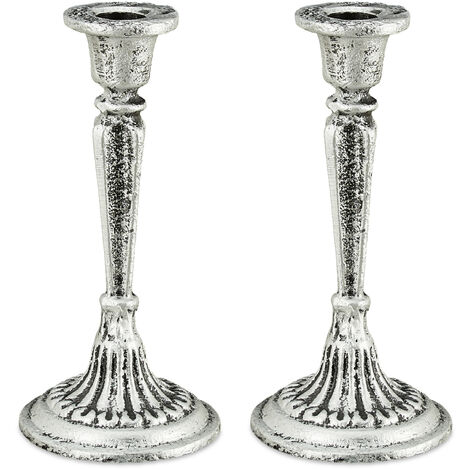 2 x Kerzenständer einarmig, für Tafel- & Stabkerzen, Kerzenleuchter  Vintage, Kerzenhalter Gusseisen, HxD 19x9 cm, silber