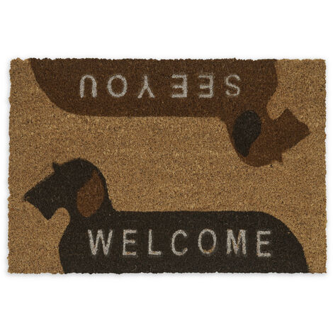 Relaxdays Fußmatte Kokos, Welcome, See You, Hundemotiv, 60x40 cm,  Fußabtreter innen & außen, rutschfeste Türmatte, natur