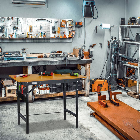 Relaxdays Werkbank klappbar, bis 100 kg, Längenmaß, Winkelmesser, HBT 76x100x60cm, Arbeitstisch Werkstatt, natur/schwarz