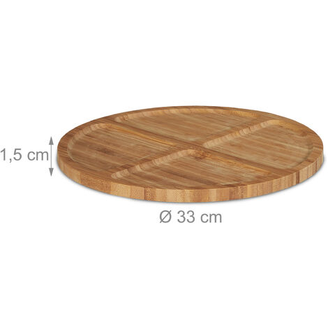 Relaxdays Servierplatte Bambus, rund, Servierteller mit Unterteilung, Ø 33  cm, Snackteller für Gebäck, Käse, natur