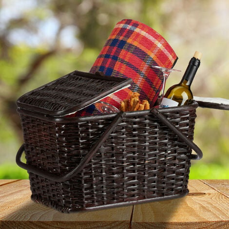 Relaxdays Picknickkorb mit Deckel, geflochten, Stoffbezug, Henkel