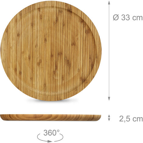 4 x Servierplatte Bambus, rund, Ø 33 cm, Bambusteller zum Anrichten,  Servierteller für Wurst, Käse, Obst,