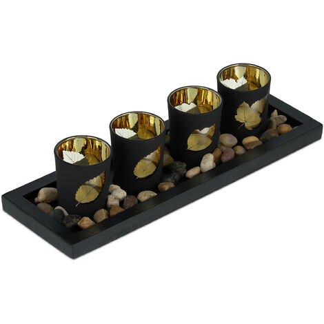 Relaxdays Teelichthalter Set, längliche 4 Teelichter und Tischdeko Dekoschale, schwarz/gold mit Herbstmotiv, Steine