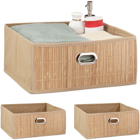 3 x Aufbewahrungskorb Bambus, Badkörbchen quadratisch, Stoff Regalkorb flach, H x B x T 14 x 31 x 31 cm, faltbar, natur