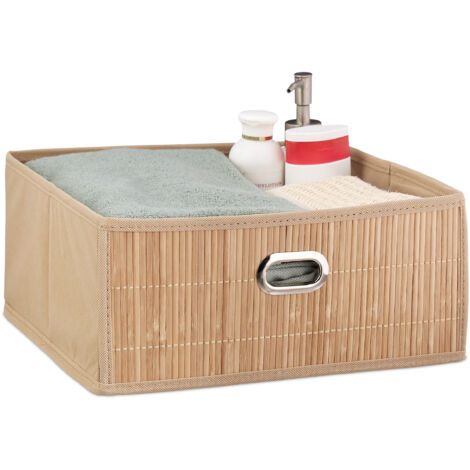 2 x Aufbewahrungskorb Bambus, Badkörbchen quadratisch, Stoff Regalkorb flach, H x B x T 14 x 31 x 31 cm, faltbar, natur