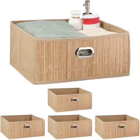 5 x Aufbewahrungskorb Bambus, Badkörbchen quadratisch, Stoff Regalkorb flach, H x B x T 14 x 31 x 31 cm, faltbar, natur