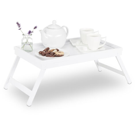 2 x Betttablett Bambus, klappbare Beine, erhöhter Rand, Tablett zum Frühstücken & Servieren, HBT: 22x64x31cm, weiß