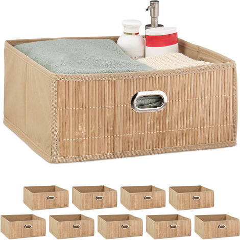 10 x Aufbewahrungskorb Bambus, Badkörbchen quadratisch, Stoff Regalkorb flach, H x B x T 14 x 31 x 31 cm, faltbar, natur