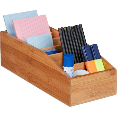 2 x Aufbewahrungsbox Bambus, 6 Fächer, Universal Ordnungsbox für Büro, Bad, Küche, HxBxT: 10 x 14 x 35 cm, natur