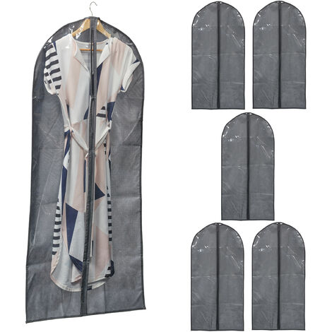 Relaxdays Kleidersack 6er Set, mit Reißverschluss, 135 x 60 cm, Vlies, Schutzhülle Anzug, Kleid, Hemd, grau/transparent (1/5)