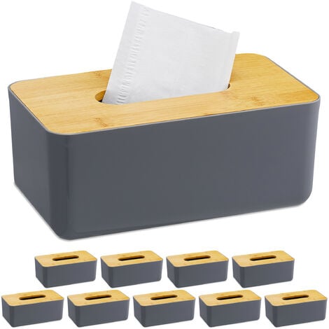 10 x Taschentuchbox, nachfüllbar, Badezimmer, Tücherbox mit Bambus-Deckel,  Kunststoff, HxBxT: 10x23x13 cm, grau/natur
