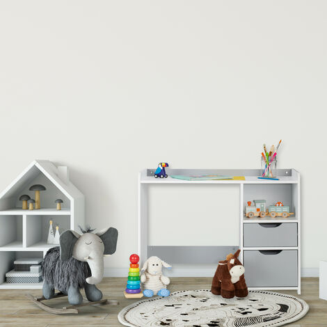 Relaxdays kinderbureau, HxBxD 60 x 80 x 38 cm, 2 lades, open vak, tafelblad met rand, bureau kinderkamer, wit/grijs