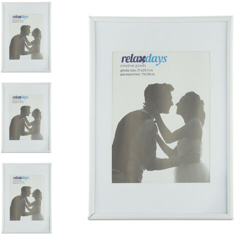 4 x Bilderrahmen 20x30 cm, Passepartout 15x20 cm, schlichter Fotorahmen zum Stellen oder Hinhängen, aus Kunststoff, weiß