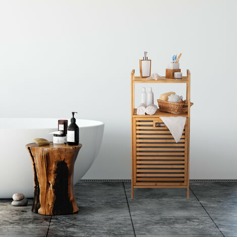 Relaxdays Badregal mit Wschekorb, 2 Ablagen, HxBxT: 96 x 44 x 33 cm,  kippbarer Wschesammler, Bambus, Stoff, natur/grau