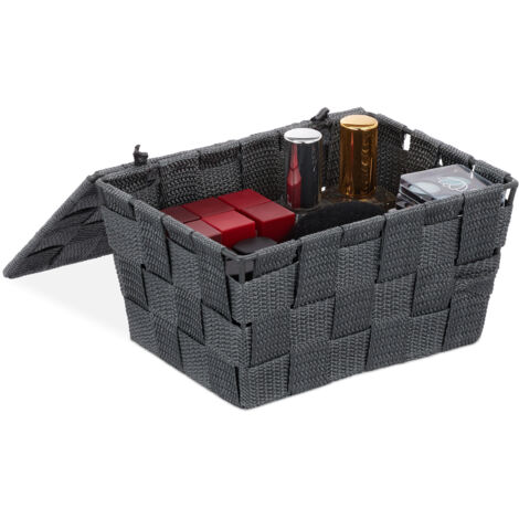 2 x Aufbewahrungskorb mit Deckel, Flechtoptik, Bad Organizer HxBxT: 10,5 x 19,5 x 14,5 cm, Kunststoff, grau