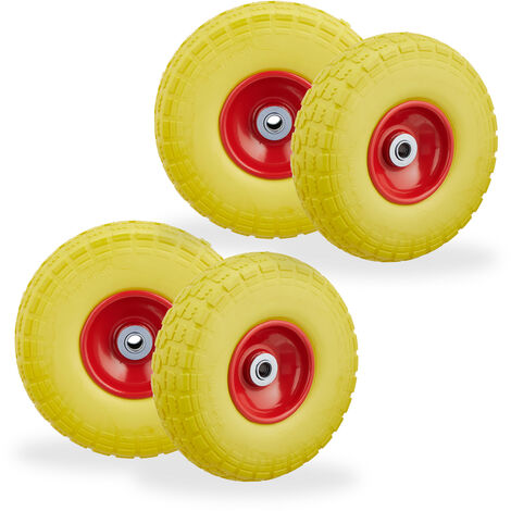 4 x Sackkarrenrad, pannensichere Vollgummireifen, 4.1/3.5-4, 16 mm Achse, bis 150 kg, H x D: 26 x 8,5 cm, gelb/rot