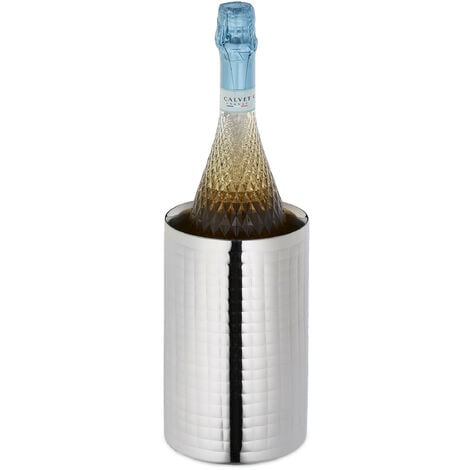 Relaxdays Weinkühler Edelstahl, doppelwandig, Flaschenkühler Wein & Sekt,  HxD: 18,5 x 12 cm, gehämmertes Design, silber