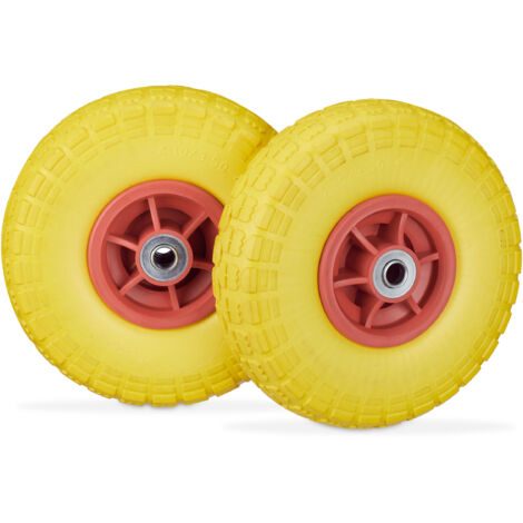 4 x Sackkarrenrad, pannensichere Vollgummireifen, 4.1/3.5-4", 16 mm Achse, bis 150 kg, H x D: 26 x 8,5 cm, gelb/rot