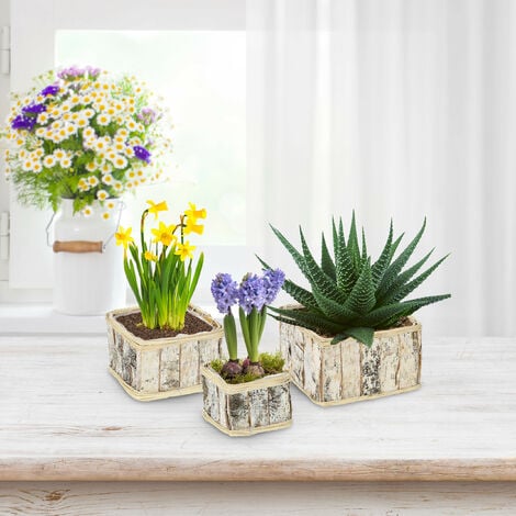 Relaxdays Blumentopf, 3 Größen, rechteckig, Birke, Pflanzentöpfe mit