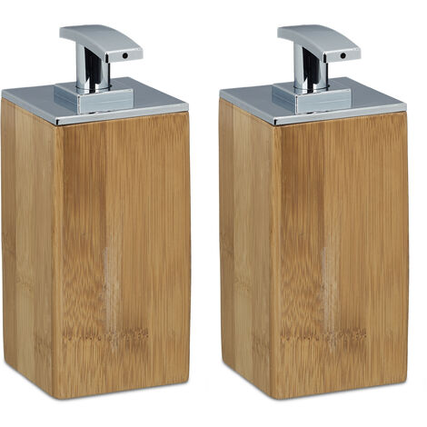 2 x Seifenspender Bambus, nachfüllbar, eckig, HxBxT: 17 x 7 x 7 cm, Lotionspender, 225 ml, Flüssigseifenspender, natur