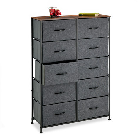 Relaxdays Kommode, 120x85,5x30 cm, Metall, Holzoptik, 10 Stoff-Schubladen, Ablage, moderne Beistellkommode, mehrfarbig