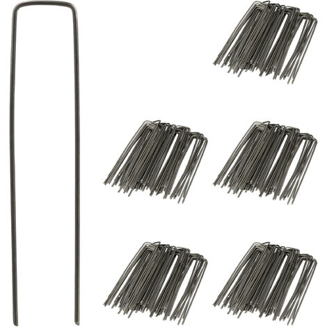Relaxdays Erdanker Bodenanker 250er Set, 15cm lang, Ø 2mm, Zeltheringe U-Form, Stahl unverzinkt, Unkrautvlies, anthrazit