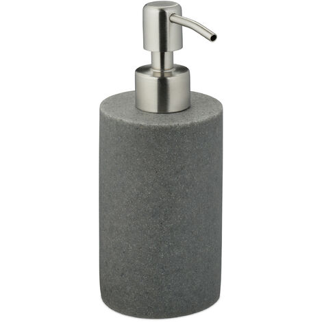 Relaxdays Seifenspender, 180 ml, nachfüllbar, Bad, WC, Küche, Flüssigseifenspender, Polyresin, Edelstahlpumpe, grau