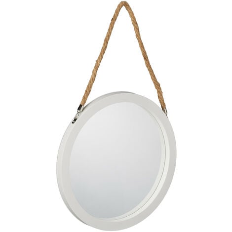 Relaxdays Wandspiegel mit Seil, Ø 35 cm, runder Spiegel zum Aufhängen, Hängespiegel Flur, Bad, Wohnzimmer, weiß/natur