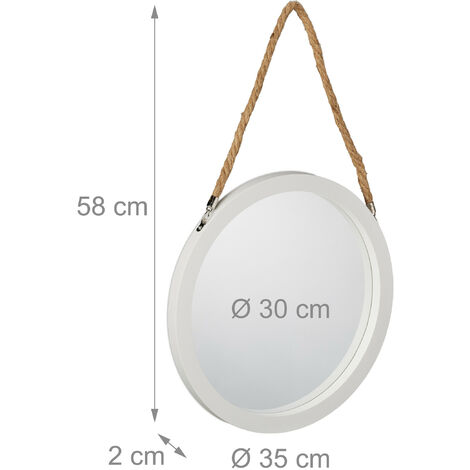 Relaxdays Wandspiegel mit Seil, Ø 35 cm, runder Spiegel zum Aufhängen, Hängespiegel Flur, Bad, Wohnzimmer, weiß/natur