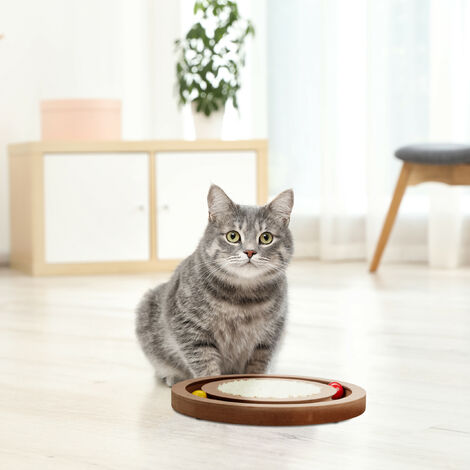 Relaxdays Katzen Kratzbrett, Ø 27,5 cm, MDF & Sisal, Katzenspielzeug Beschäftigung, Kratzrondell mit Kugelbahn, natur
